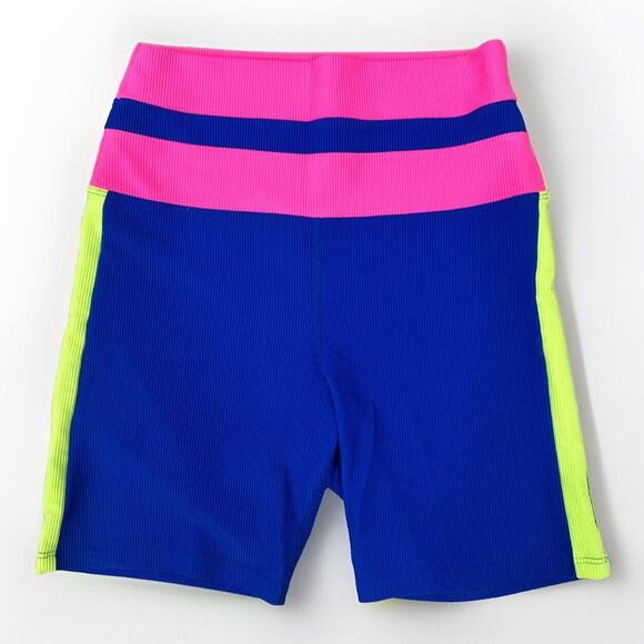 Beach Riot Pants - Beach Riot SPORT Biker Short MED Colorblock Neon Pink Yellow Blue USA Ribbed EUC